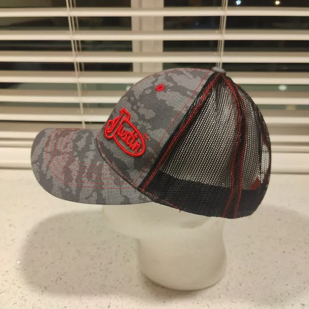Justin Boots Hat Cap SnapBack Trucker Mesh Hat Gray Black Red Western Cowboy EUC